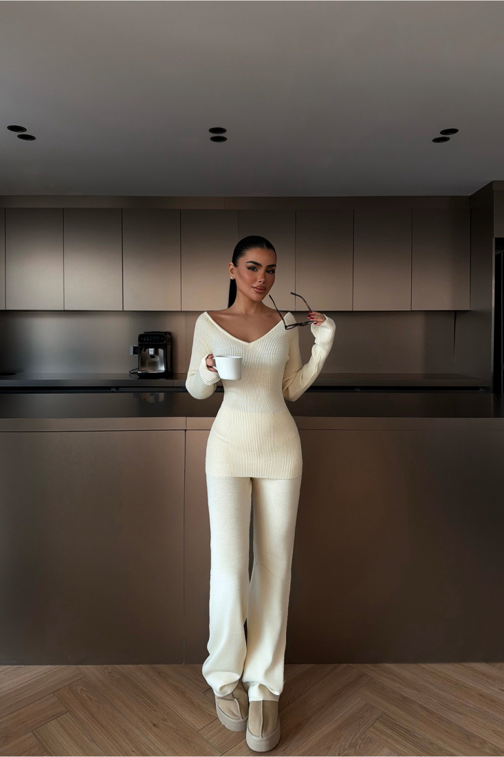 Krem Bowie triko takım ATE-4273 - EYYO