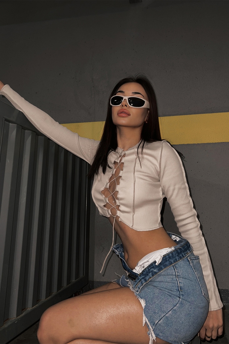 Krem Önden Bağlamalı Crop Top ATE3670 - EYYO