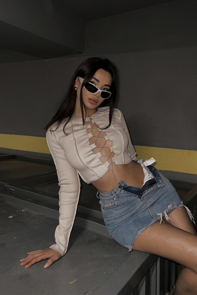 Krem Önden Bağlamalı Crop Top ATE3670 - 5