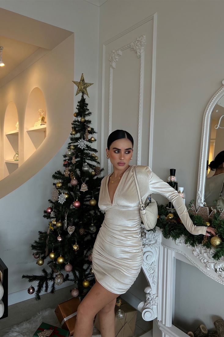 Krem Önü Büzgülü Mini Elbise ATE2881 - EYYO