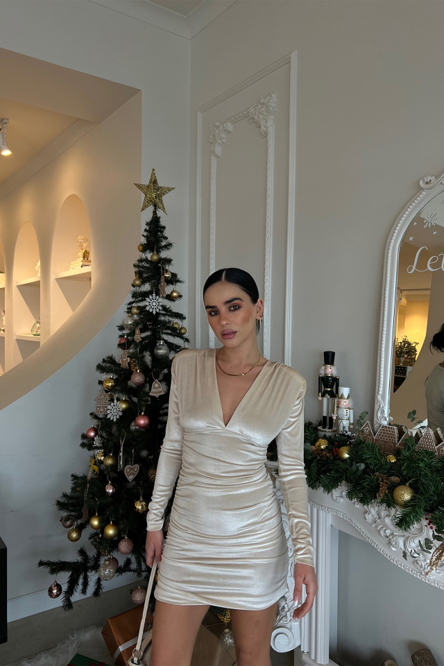 Krem Önü Büzgülü Mini Elbise ATE2881 