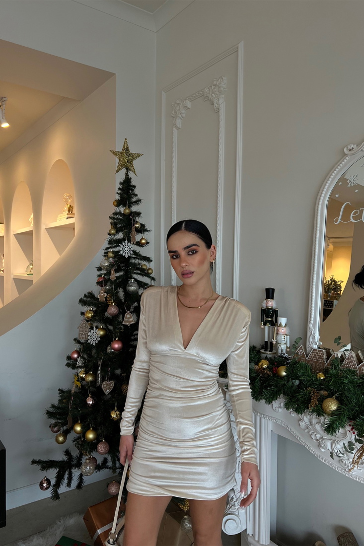 Krem Önü Büzgülü Mini Elbise ATE2881 - EYYO