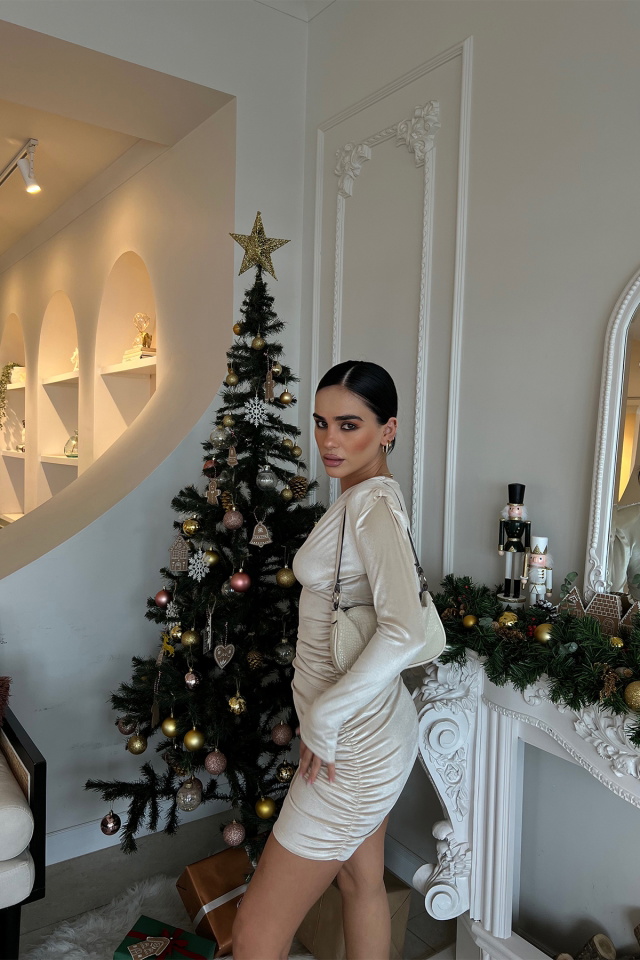 Krem Önü Büzgülü Mini Elbise ATE2881 - 4