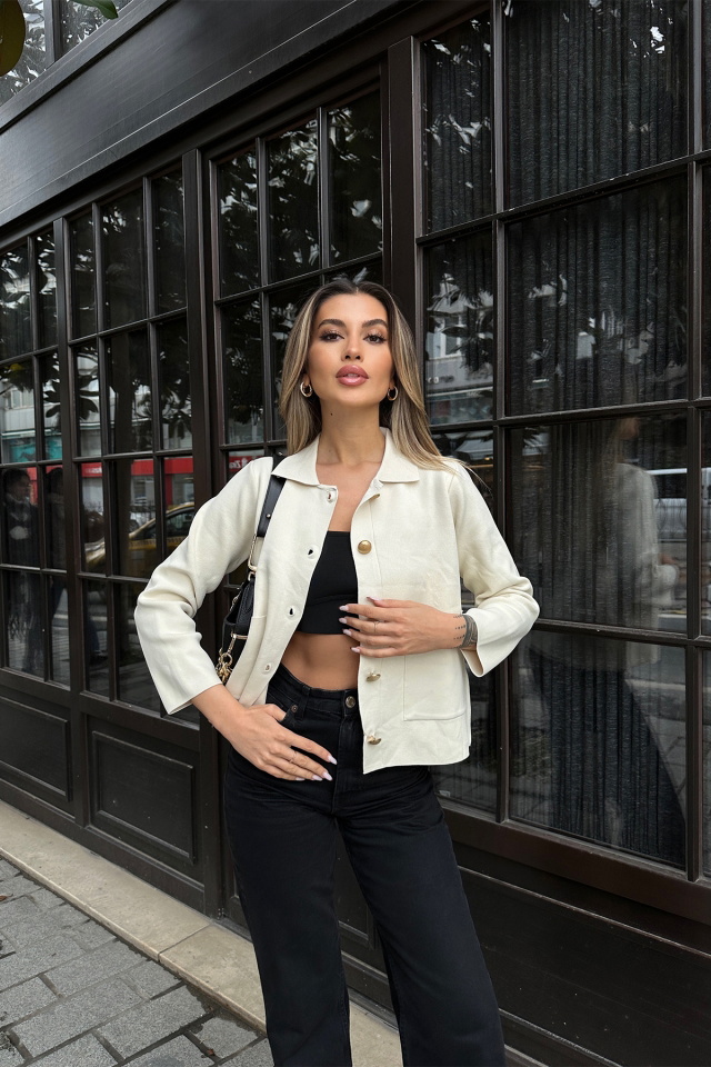 Krem Önü Düğmeli Ceket ATE5206 