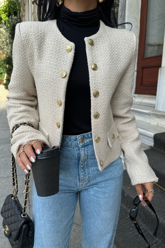 Krem Önü Düğmeli Ceket ATE8446 - 2