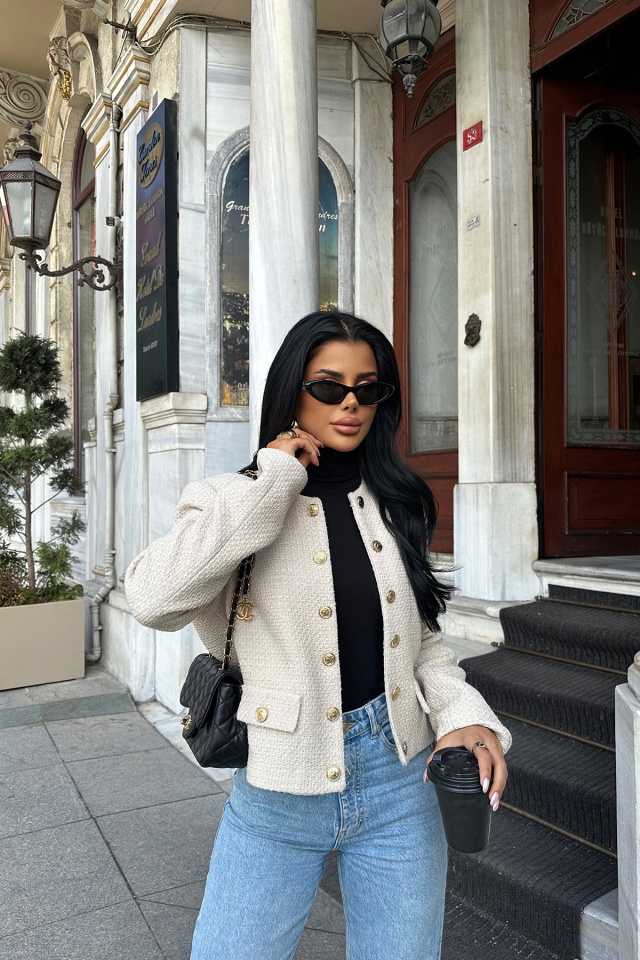 Krem Önü Düğmeli Ceket ATE8446 - 1