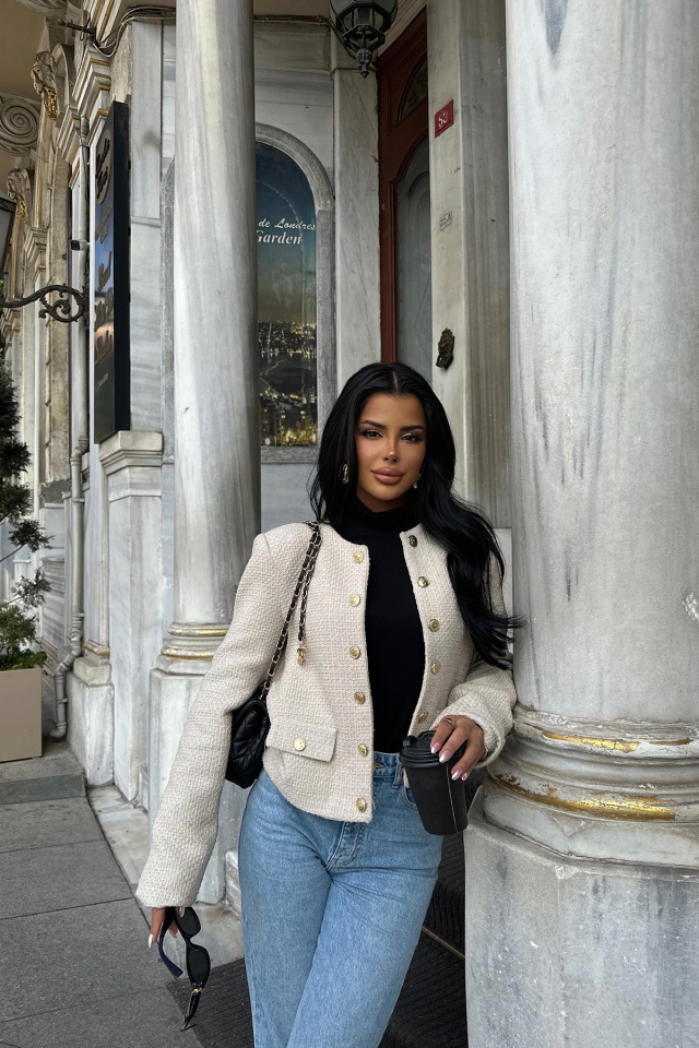 Krem Önü Düğmeli Ceket ATE8446 - 3