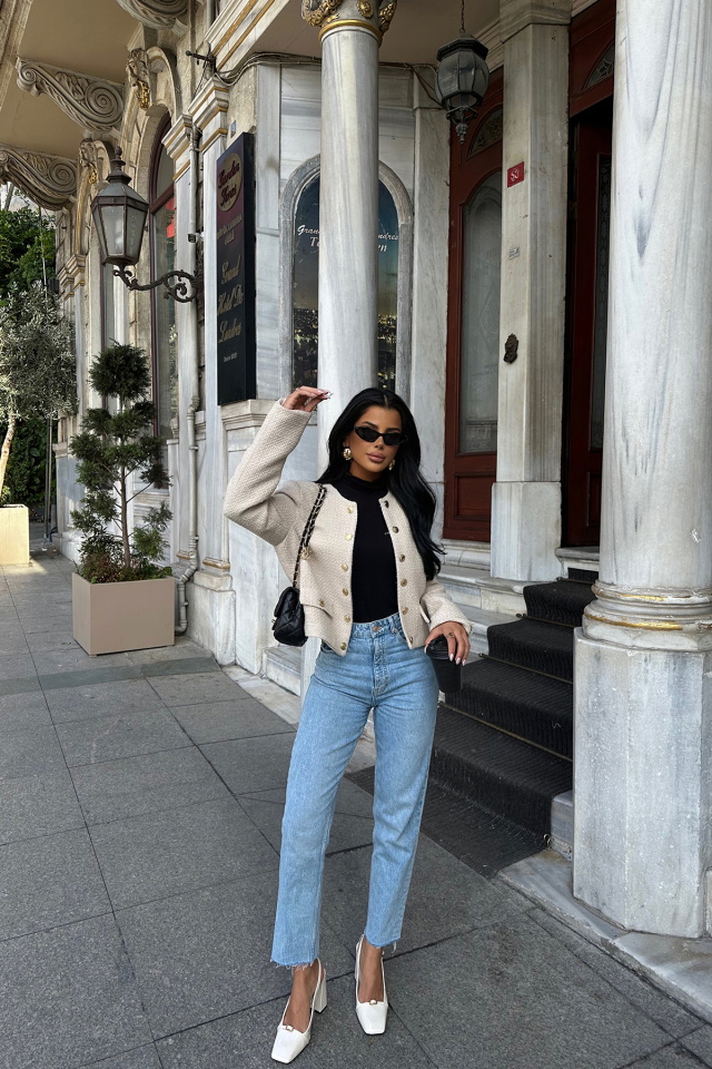 Krem Önü Düğmeli Ceket ATE8446 - 4