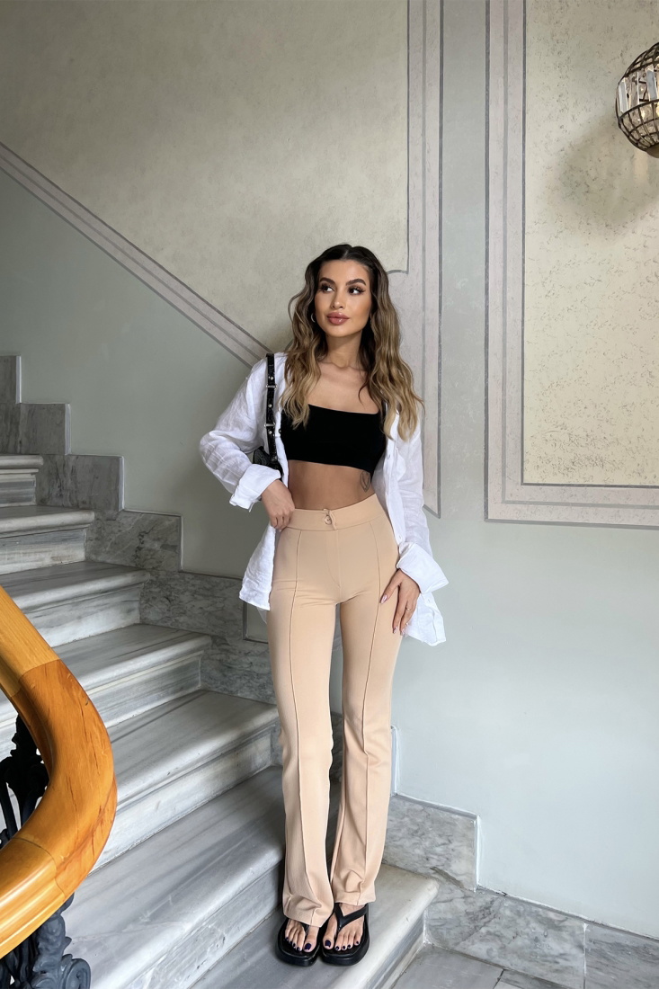 Krem Önü Düğmeli Bol Pantolon ATE4387 - EYYO