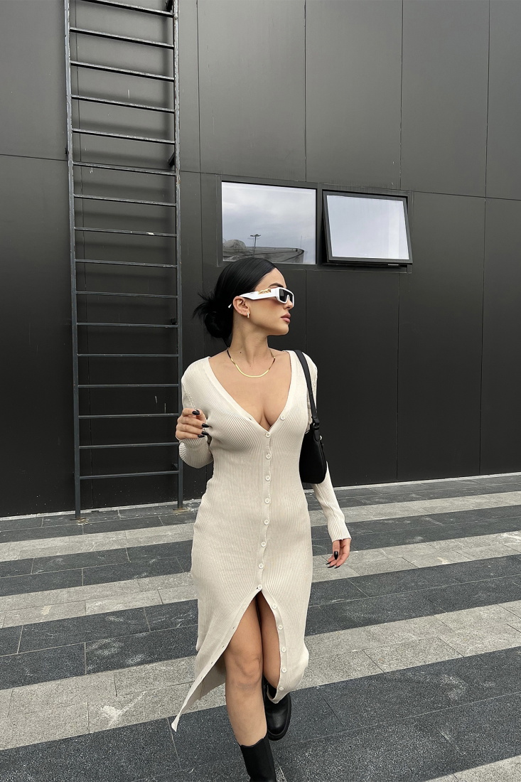 Krem Önü Düğmeli Uzun Elbise ATE4187 - EYYO