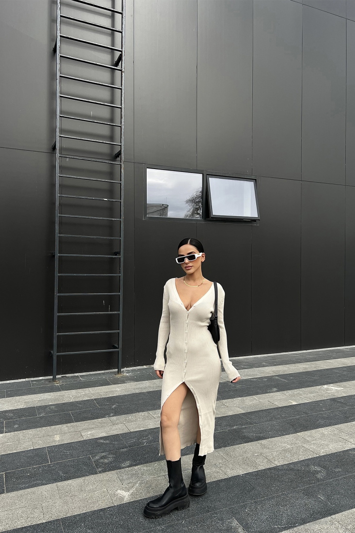 Krem Önü Düğmeli Uzun Elbise ATE4187 - EYYO