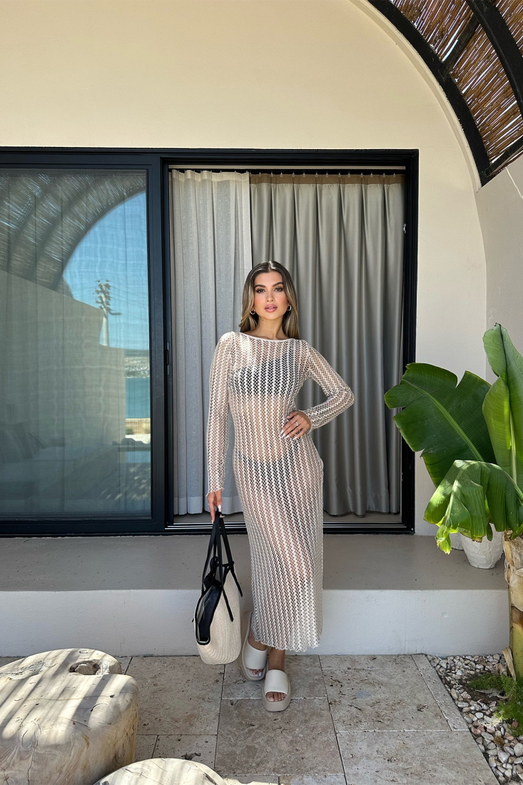 Krem Örme Uzun Elbise ATE7479 - EYYO