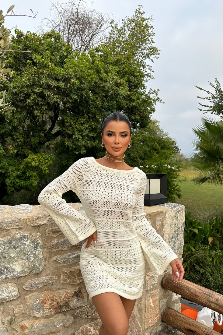 Krem Örme Uzun Kol Mini Elbise ATE8075 - EYYO