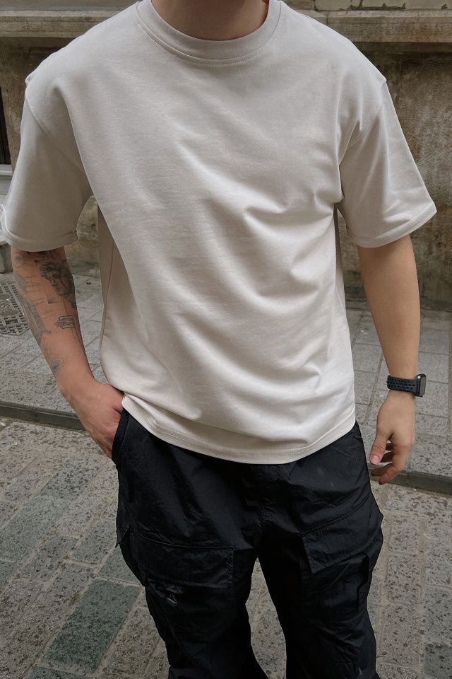 Krem Oversize Tişört ATE5138 - 2