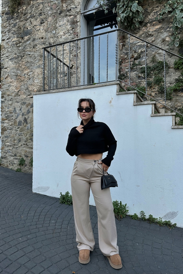 Krem Palazzo Çapraz Düğmeli Pantolon ATE3463 - 1
