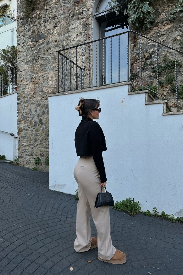 Krem Palazzo Çapraz Düğmeli Pantolon ATE3463 - 2