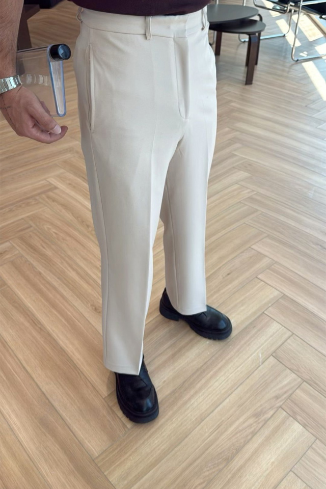 Krem Palazzo Yüksek Bel Pantolon ATE-3243 - 3