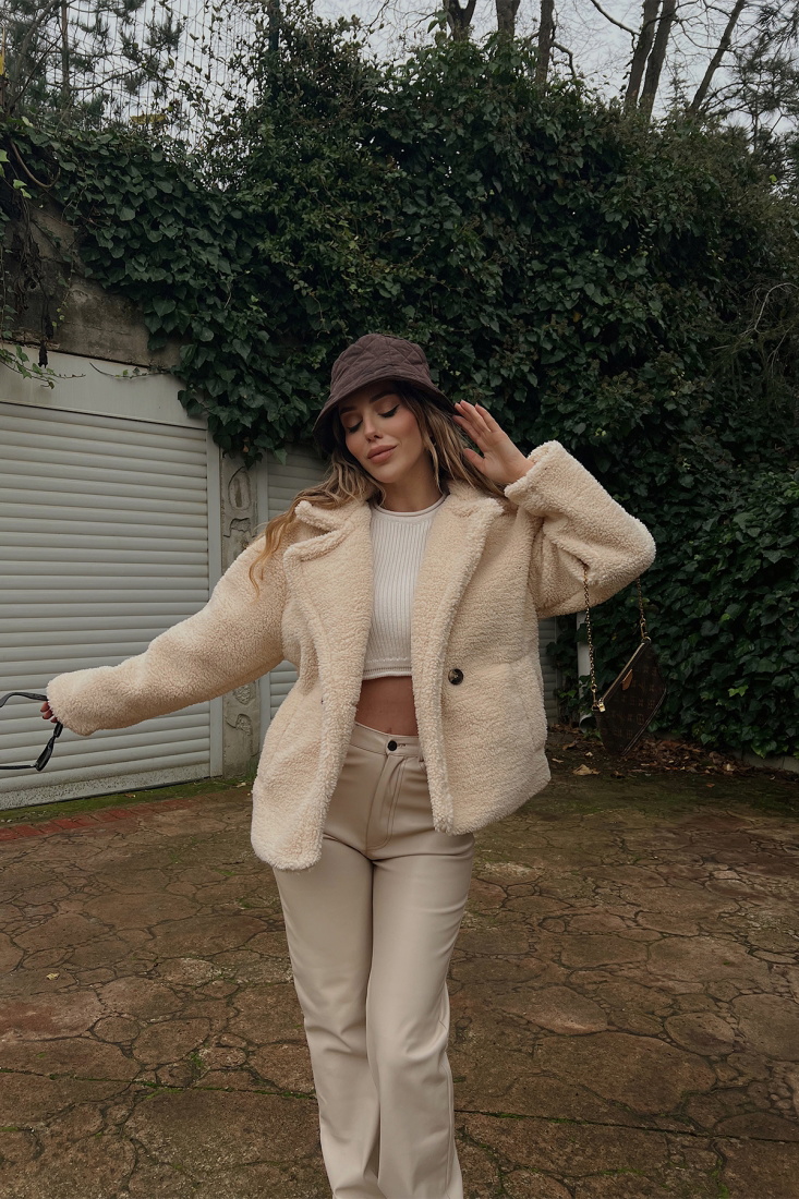 Krem Peluş Kruvaze Yaka Ceket ATE3133 - EYYO