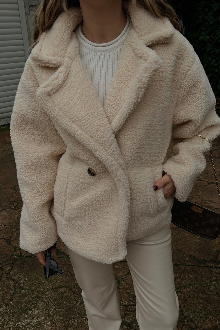 Krem Peluş Kruvaze Yaka Ceket ATE3133 - EYYO