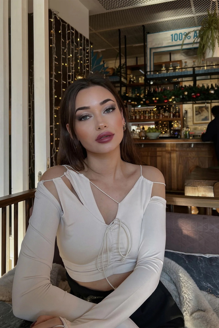 Krem Pencere Detay Bağlamalı Crop Top ATE3160 - EYYO