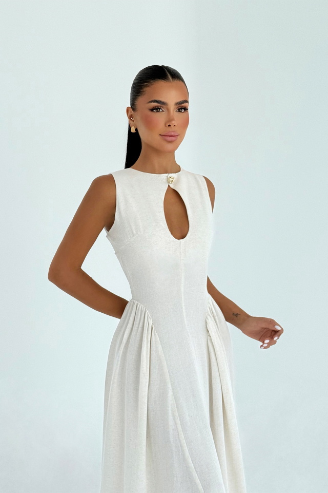 Krem Cecily Keten Uzun Elbise ATE-3361 - 2