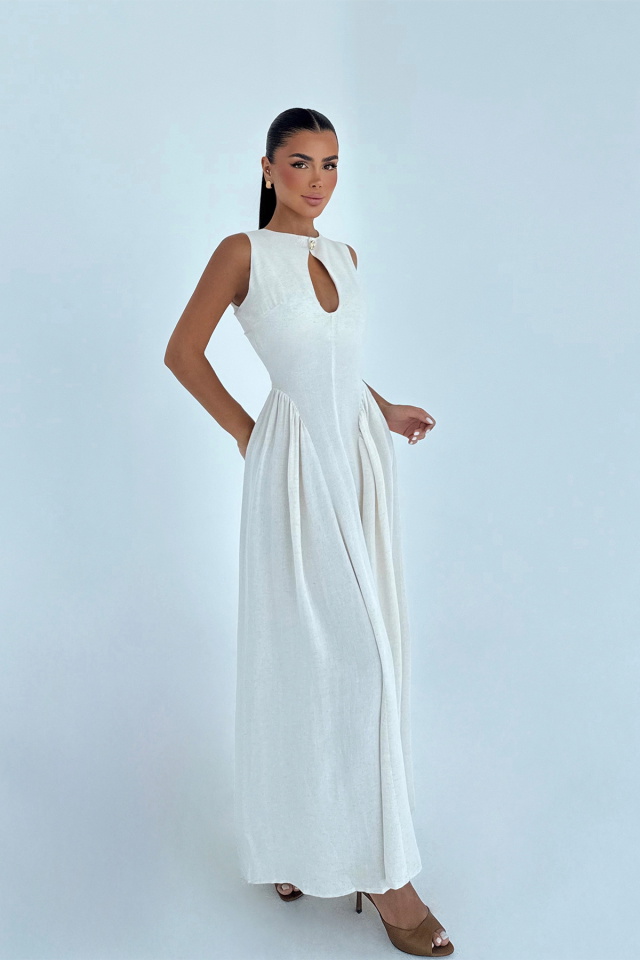 Krem Cecily Keten Uzun Elbise ATE-3361 - 1