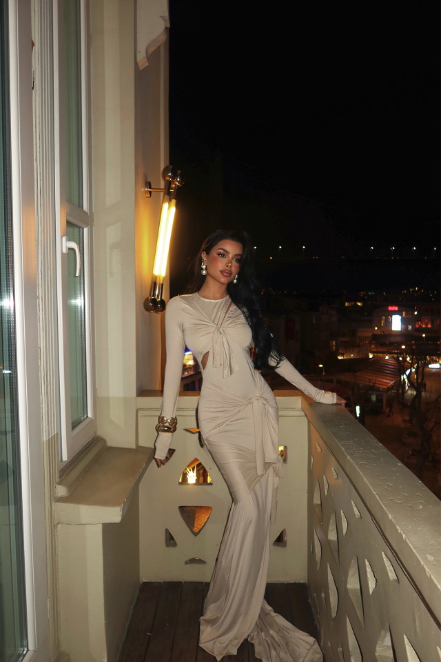 Krem Pencere Detay Uzun Elbise ATE-2268 - 4
