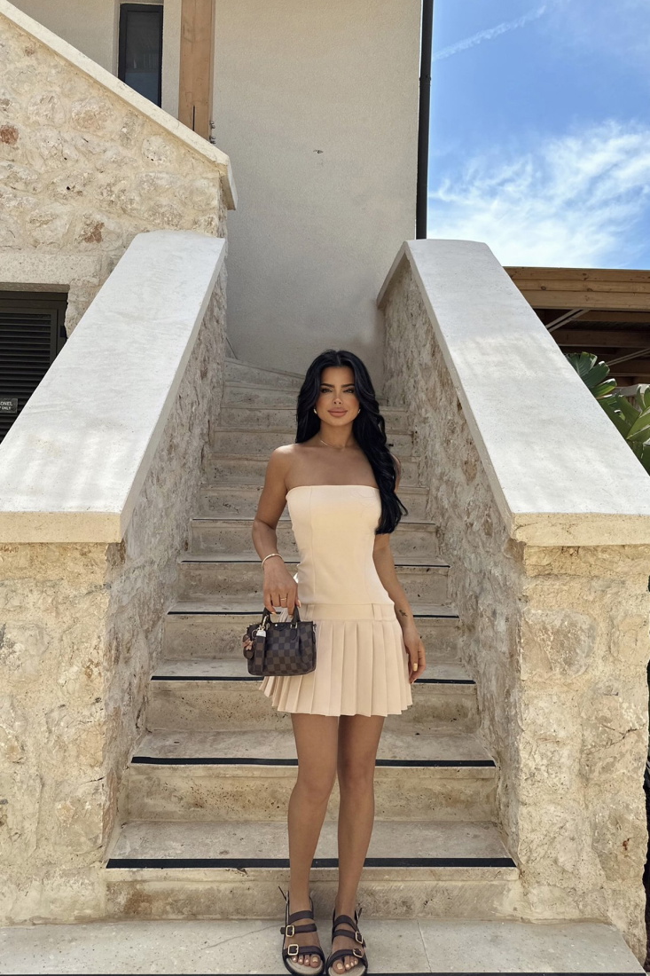 Krem Anja Pileli Mini Straplez Elbise ATE-0781 - EYYO