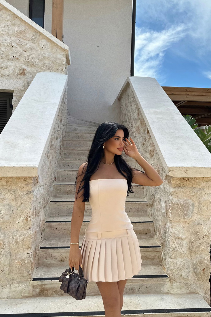 Krem Anja Pileli Mini Straplez Elbise ATE-0781 - EYYO