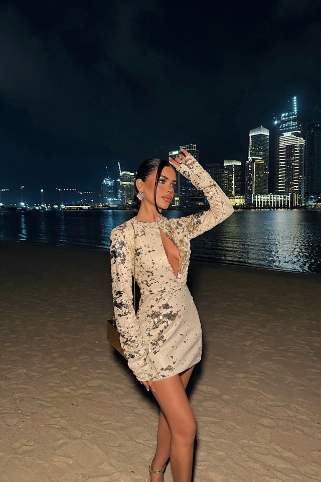 Krem Tamara Payetli Mini Elbise ATE-4714 - 4