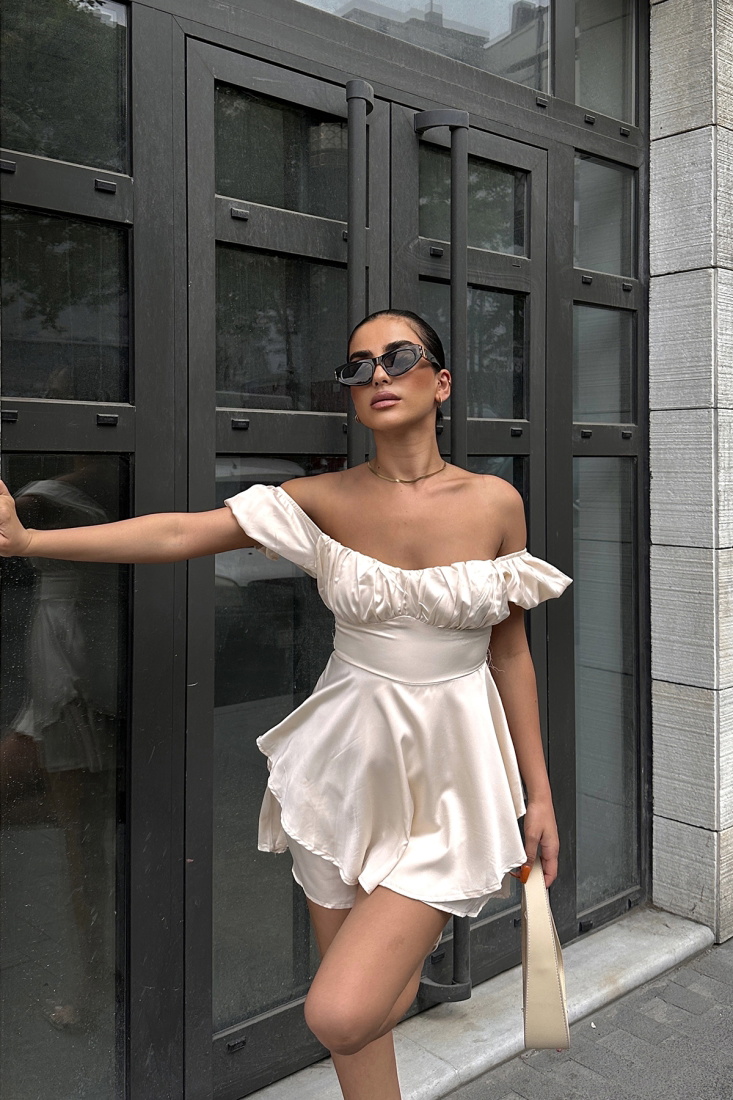 Krem Saten Mini Elbise ATE7432 - EYYO