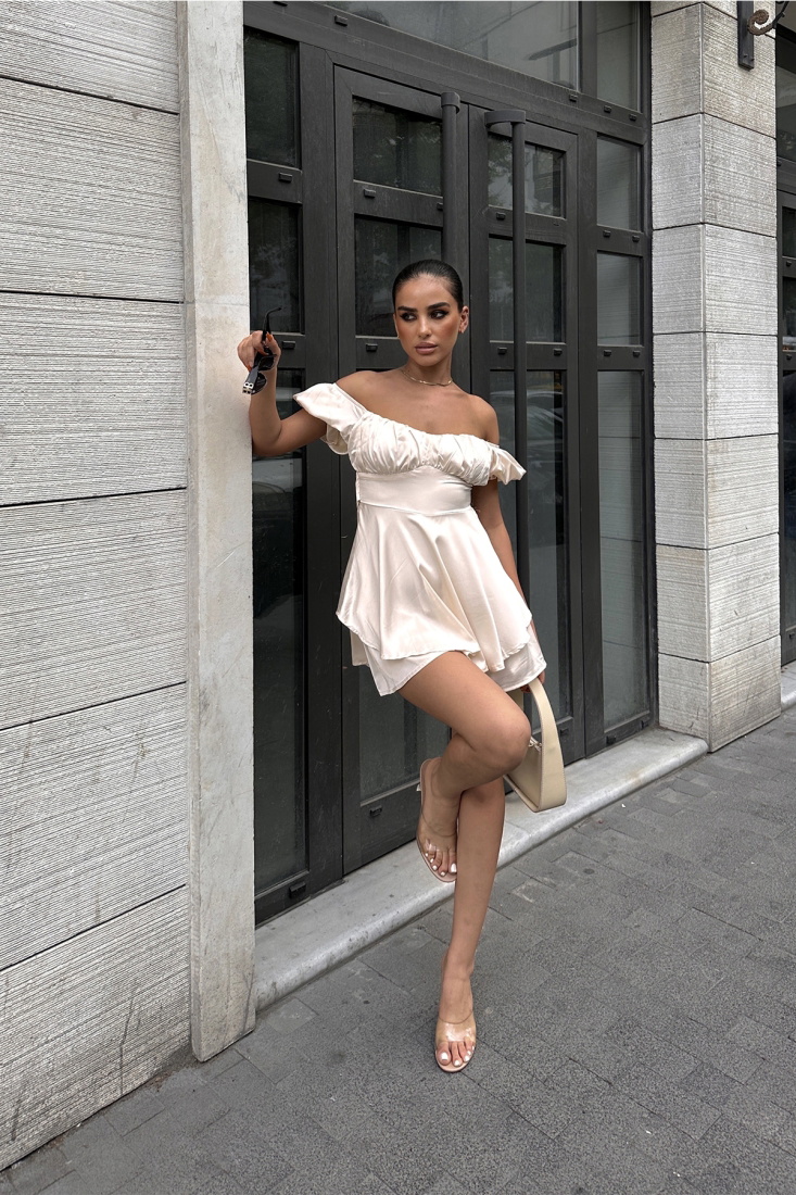 Krem Saten Mini Elbise ATE7432 - EYYO