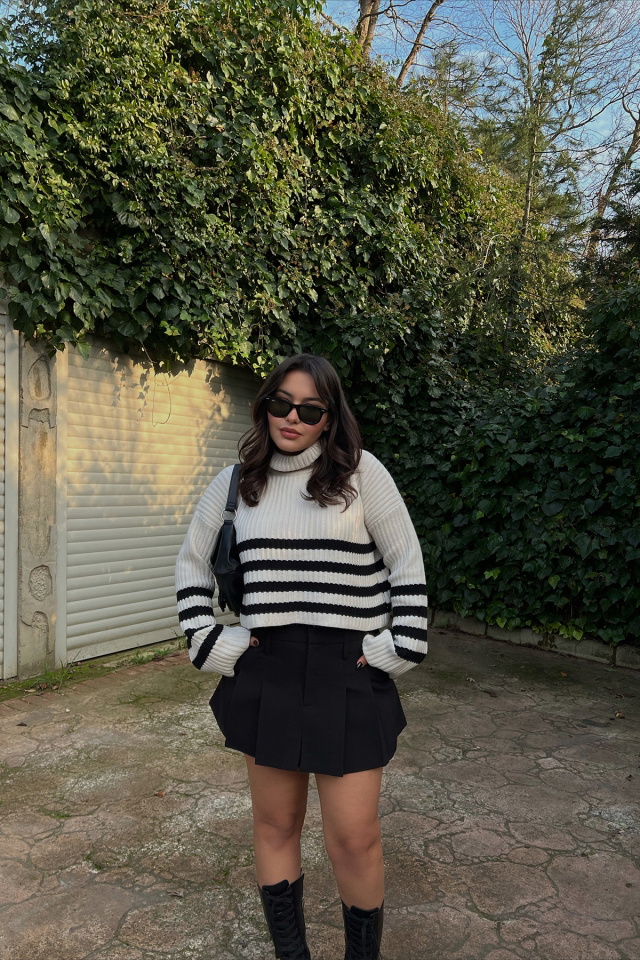 Krem Siyah Şeritli Kazak ATE3216 - 1