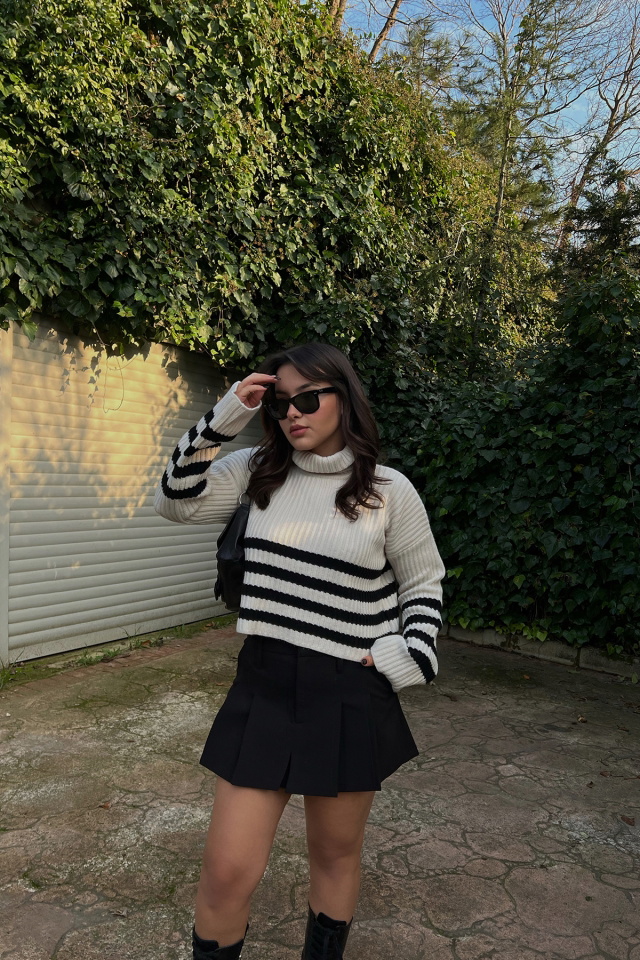 Krem Siyah Şeritli Kazak ATE3216 - 2