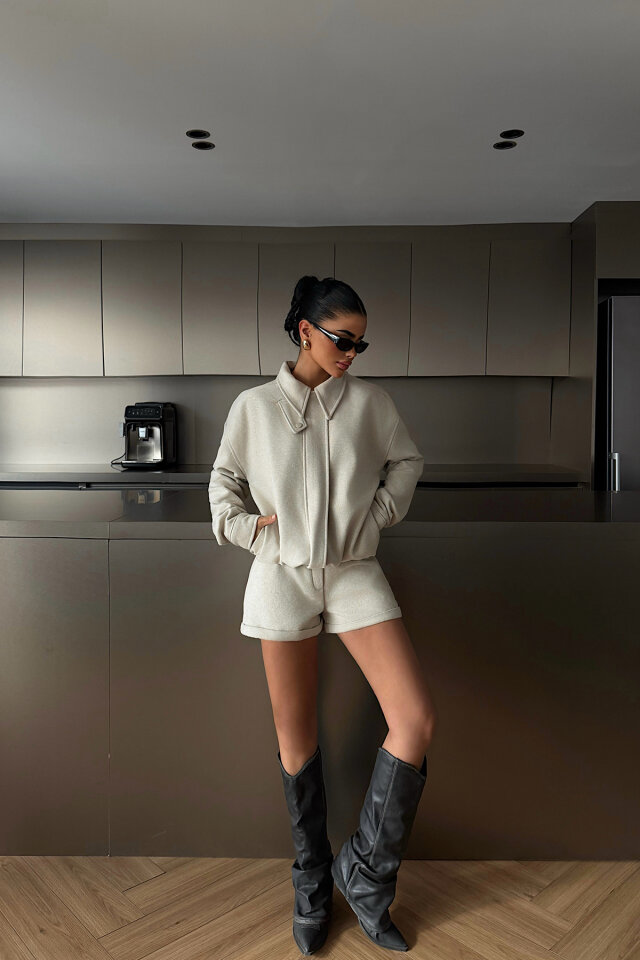 Krem Marner Şort Ceket Takım ATE-4487 