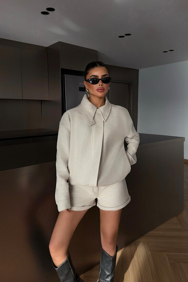 Krem Marner Şort Ceket Takım ATE-4487 - 