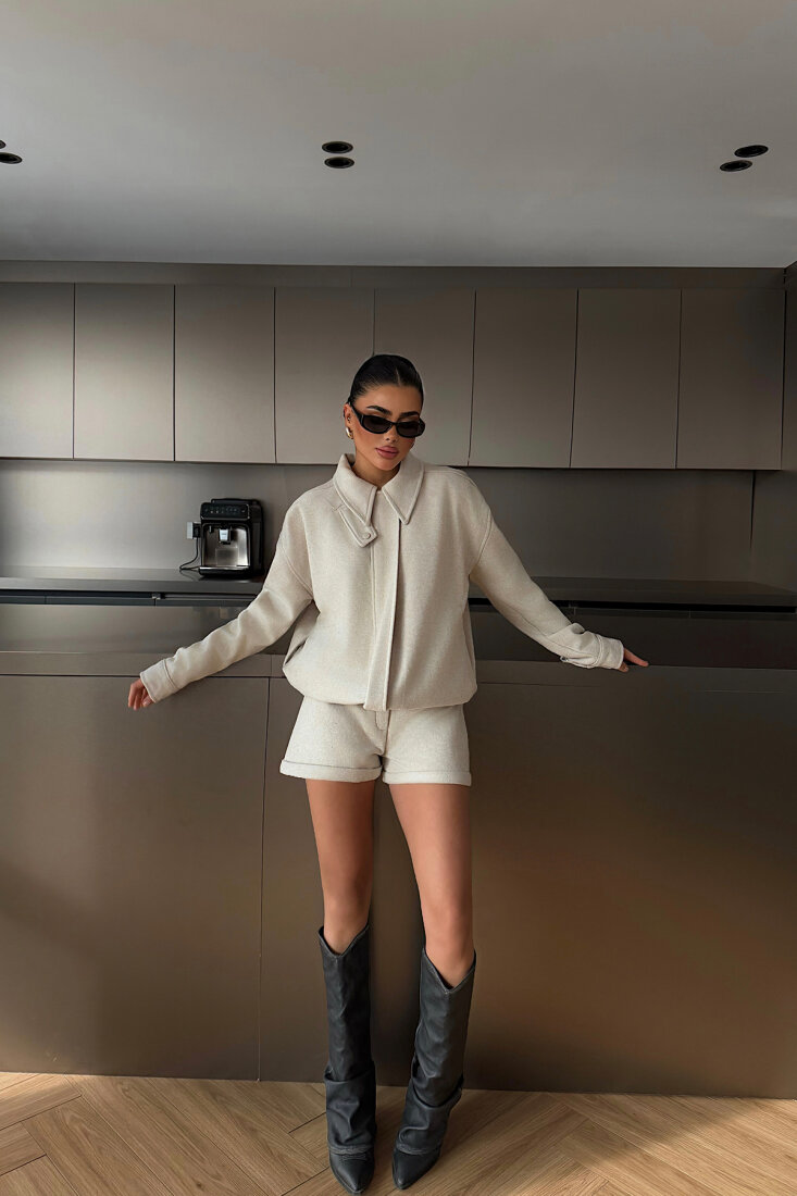 Krem Marner Şort Ceket Takım ATE-4487 - 