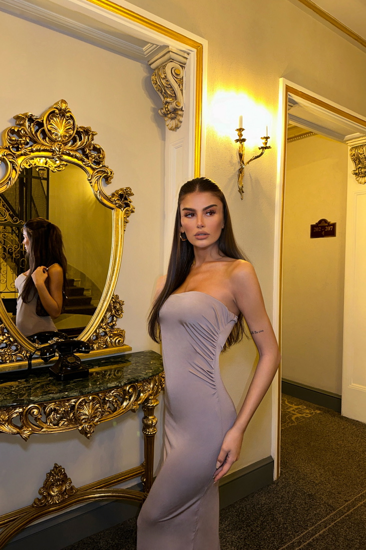 Krem Straplez Uzun Elbise ATE-0576 - EYYO