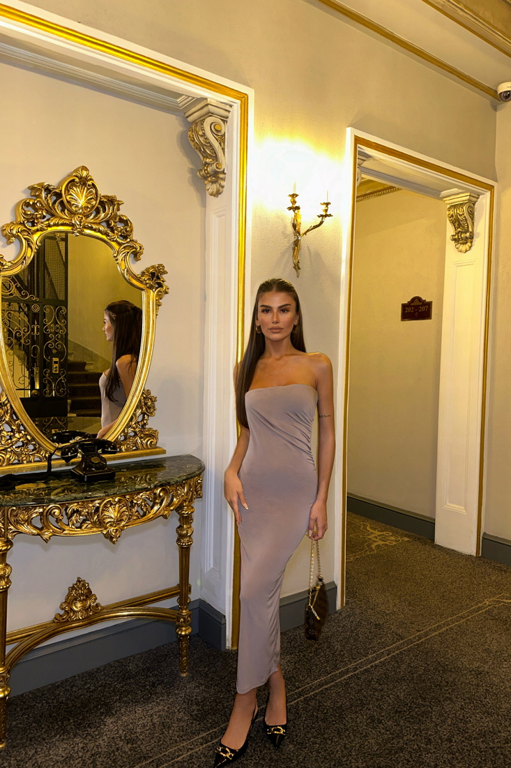 Krem Straplez Uzun Elbise ATE-0576 - EYYO