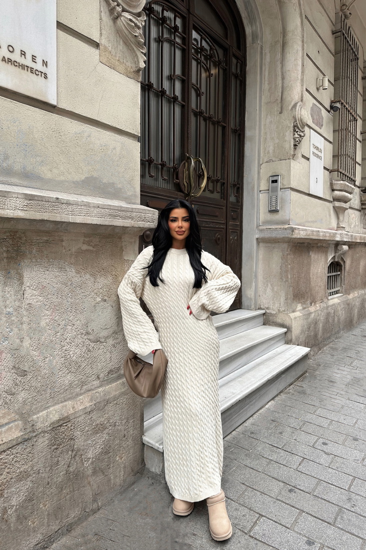 Krem Triko Uzun Elbise ATE-0824 - EYYO