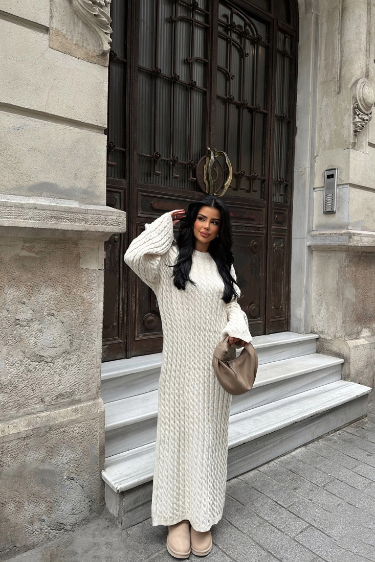 Krem Triko Uzun Elbise ATE-0824 - EYYO