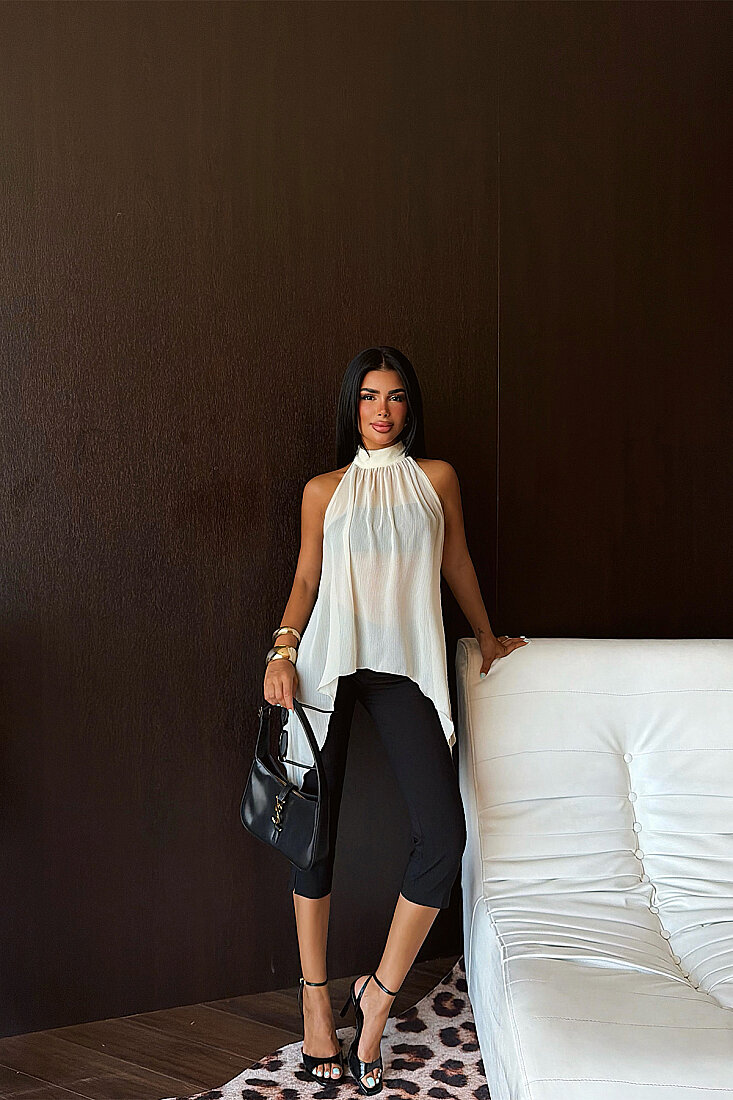 Krem Tül Detay Crop Top 