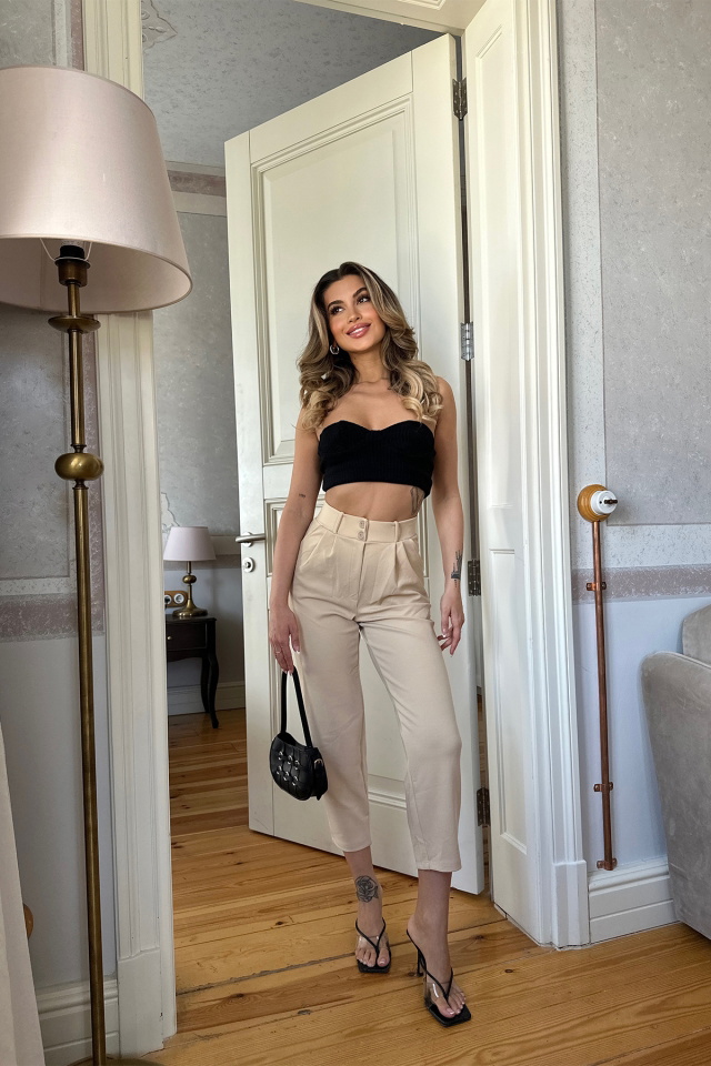Krem Yüksek Bel Mom Pantolon