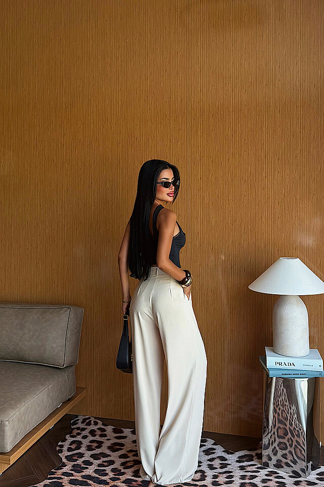 Krem Yüksek Bel Pantolon ATE-6037 - 4