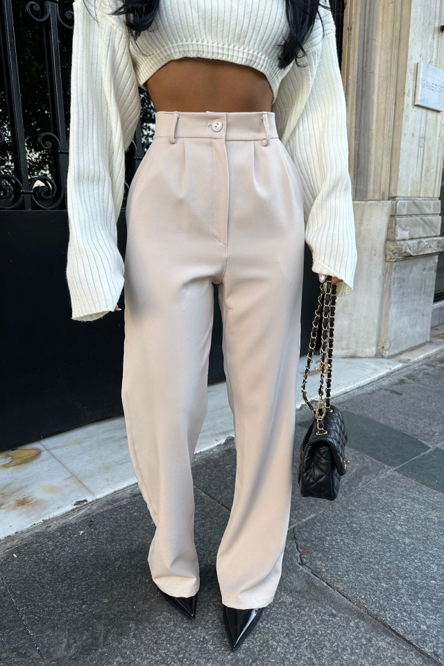 Krem Yüksek Bel Pantolon ATE8758 - 2