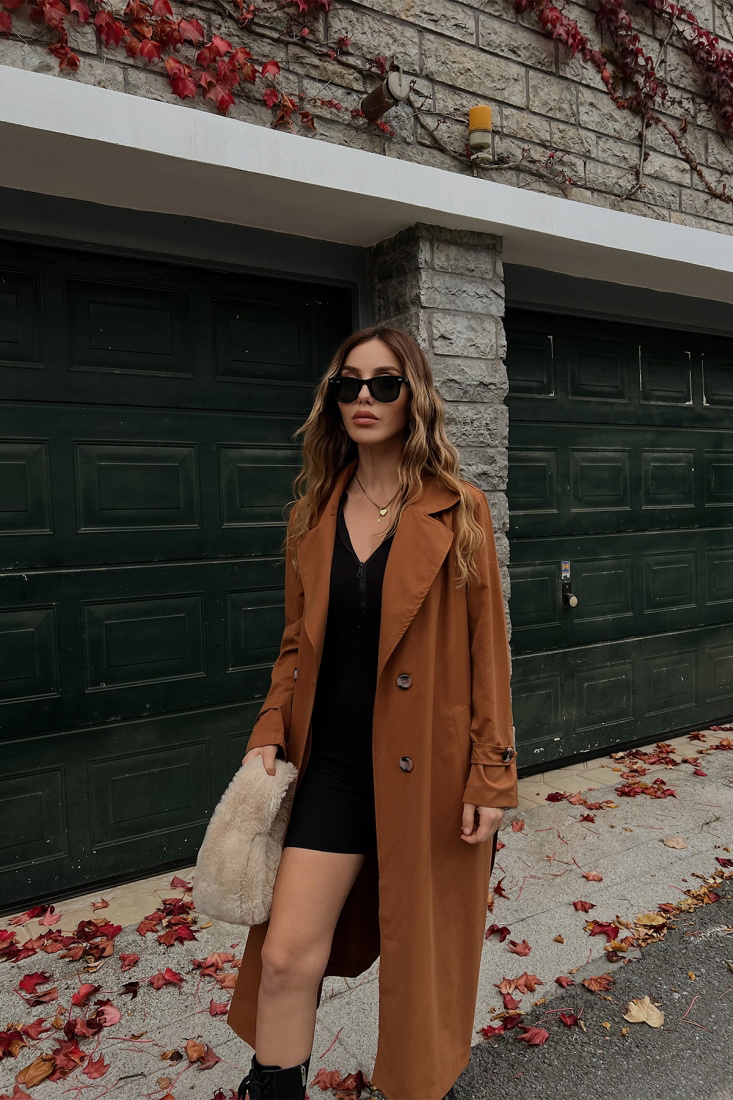 Kruvaze Yaka Önü Düğmeli Trenckot ATE2403 - EYYO