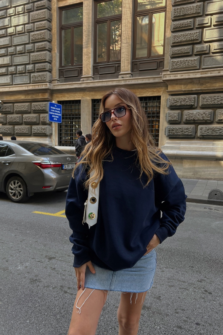 Lacivert Arkası Baskılı Sweat ATE2248 - EYYO