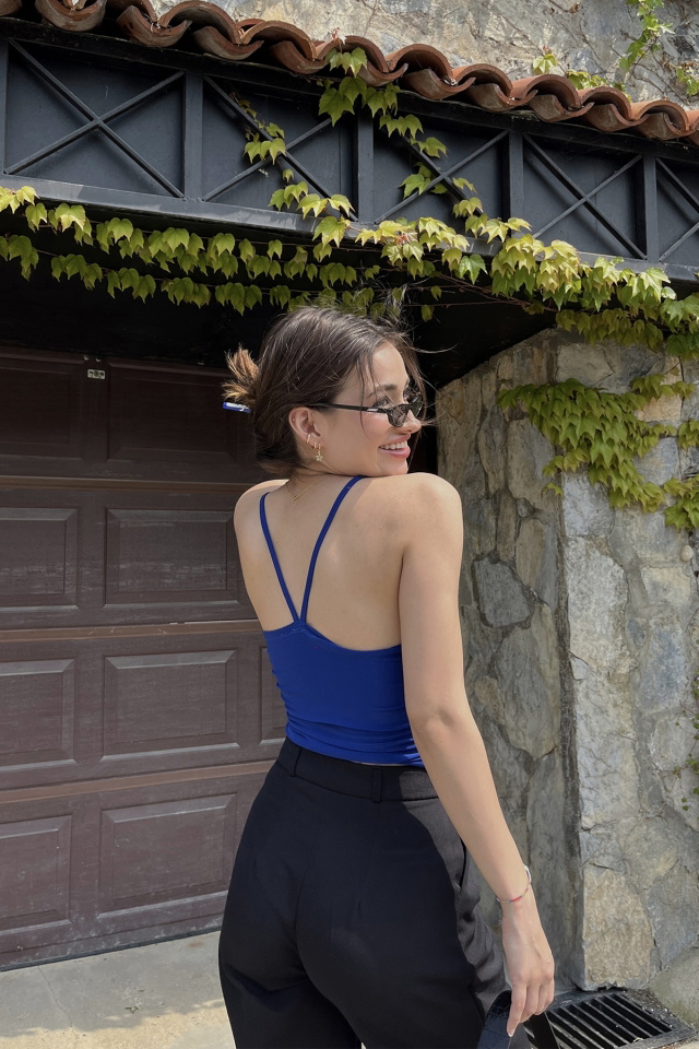 Lacivert Önü Büzgülü Crop Top