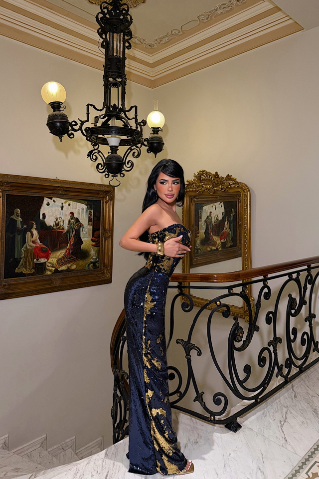 Lacivert Rococo Uzun Payetli Elbise ATE-4649 - 4