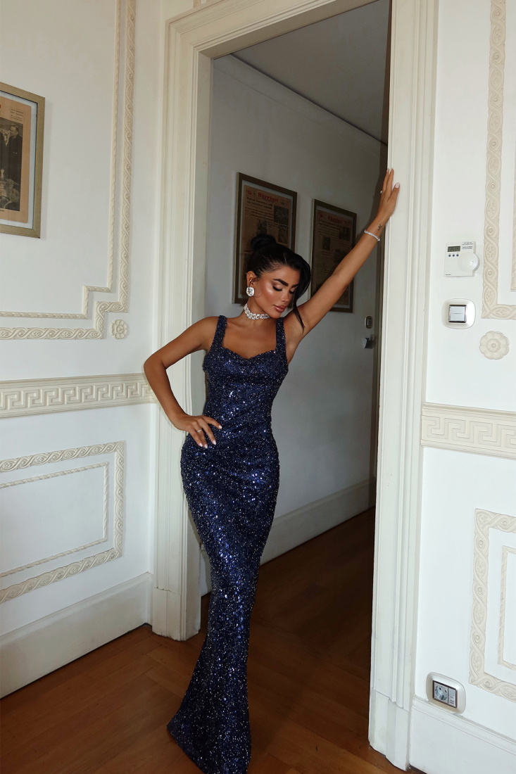 Lacivert Loire Işıltılı Payetli Uzun Elbise ATE-3225 - EYYO